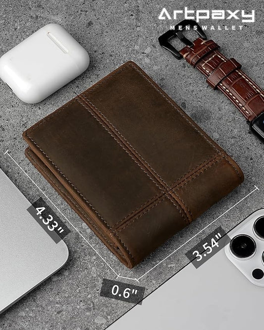Artpaxy Mens Wallet Bifold Genuine Leather RFID Blocking Wallet for Men with 2 ID Windows 12 Card Holders 2 cash pockets 1 Gift Box