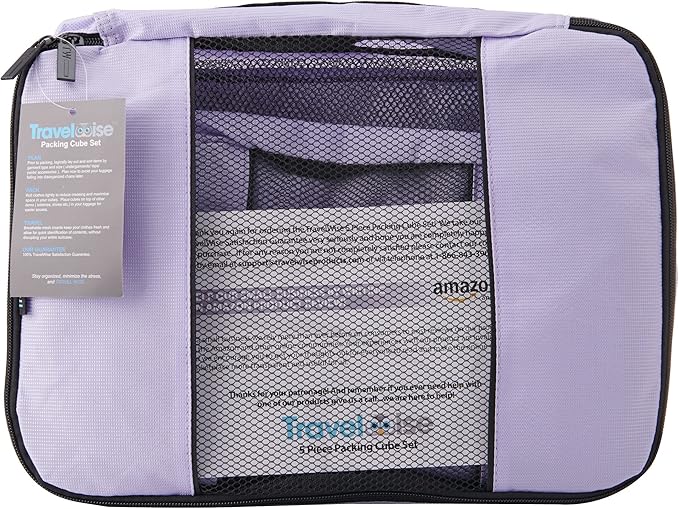 TravelWise Luggage Packing Organization Cubes 5 Pack, Lavender, 2 Small, 2 Medium, 1 Large (TWPC-27)
