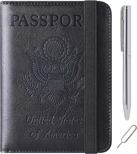Passport Holder Cover Wallet Travel Essentials Leather Rfid Blocking Case Vacation Luggage Must Haves Travel Accessories for Men Women (116#Black)