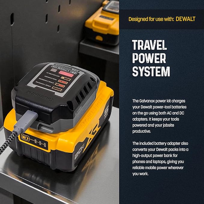 Galvanox Portable Battery Charger Set for DEWALT 20V Max Batteries, Fast Charging Powerbank Enabled (65W Input/Output) USB Type-C with AC Wall, DC Vehicle Car Adapter and Organizer (Power Pack, 4PC)