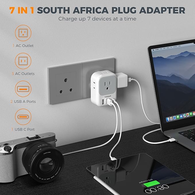 South Africa Plug Adapter 2 Pack, TESSAN Type M Power Adapter with 4 AC Outlets 3 USB Ports(1 USB C), Travel Adaptor US to Botswana Namibia Nepal Bhutan
