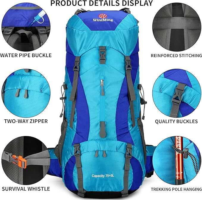 75L Hiking Backpack with Rain Cover Waterproof Camping Backpack Shoes Warehouse for Men Women, Frameless