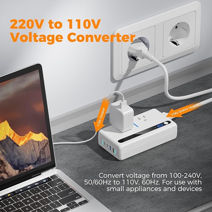 220V to 110V Voltage Converter US to Europe, TESSAN 250W Universal Travel Adapter with 4 USB Ports QC 3.0 PD 36W and EU/UK/AU/IT/India International Power Adaptor, Converter for European Travel