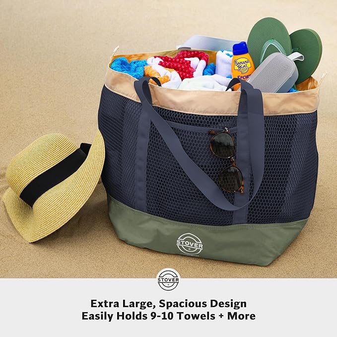 STOVER Large Mesh Beach Bag, Vacation, Pool, Shopping, & Travel Tote - Foldable w/Storage Pockets for Women, Men & Families