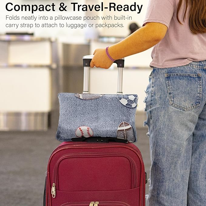 NAPRO Kids 3-in-1 Travel Blanket and Pillow Combo, Convertible Infinity Scarf, Lightweight Neck Support for Airplane, Car & Camping, Glow-in-The-Dark - Sports