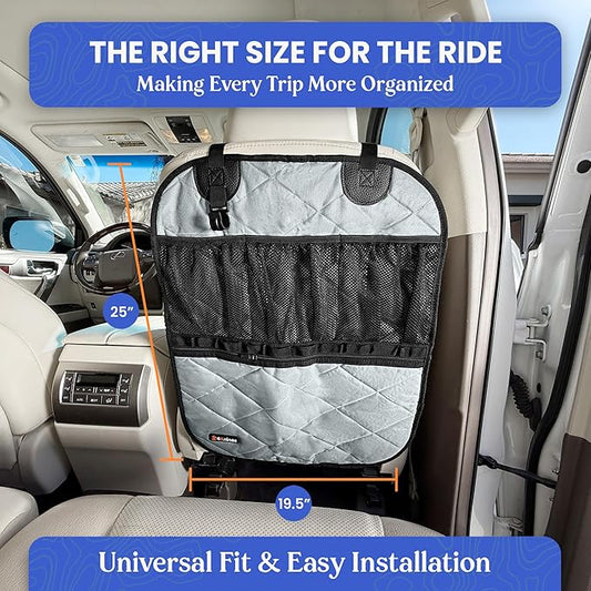 4Knines Car Seat Back Organizer – Heavy-Duty Kick Mat w/Mesh Storage Pockets, Bottle Hook – UV-Resistant Hardware – Waterproof Backseat Organizer for Kids & Pets – Fits SUVs, Trucks, Cars – Grey