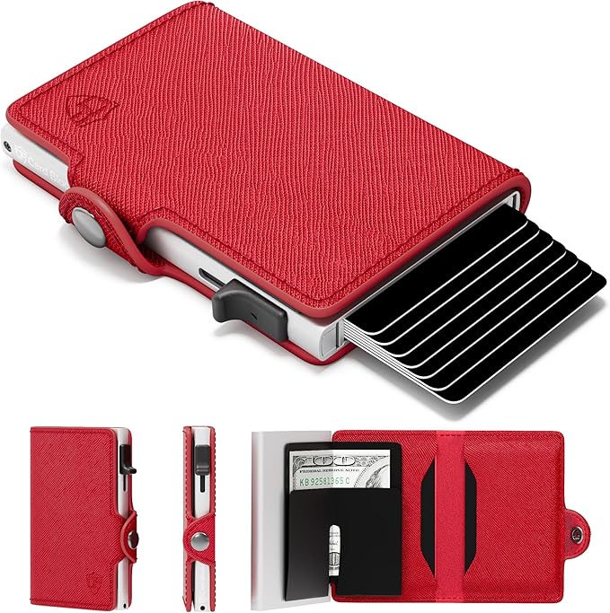 Womens Slim Wallet for Small Purses, Pop Up Wallet with Anti Theft RFID Blocking Credit Card Holder for Women in Red PU Saffiano