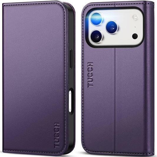 TUCCH Wallet Case for iPhone 17 Pro (6.3") 2025, 3 Credit Card Slot | RFID Blocking | Stand | PU Leather | Protective Flip Folio Cover | Shockproof TPU Interior Shell | Dark Purple
