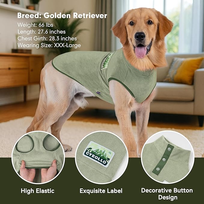 cyeollo Fleece Dog Sweater, Soft Stretchy Fleece Dog Jacket Pullover Turtleneck Dogs Vest Lightweight Coat Warm Winter Pet Clothes, Green XXL