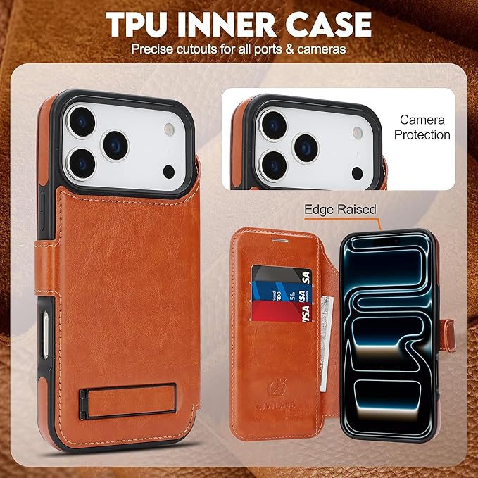 CIVICASE for iPhone 17 Pro Wallet Case with Stand,PU Leather Flip Credit Card Holder Slots (RFID Blocking),Compatible with Magsafe Magnetic Holder Phone Cover Women Men,Brown
