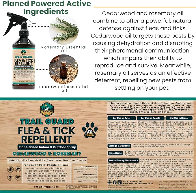 Trail Guard Natural Extra Strength Insect, Flea and Tick Spray for Dogs, Cats, People & Home (16oz, Cedarwood & Rosemary)