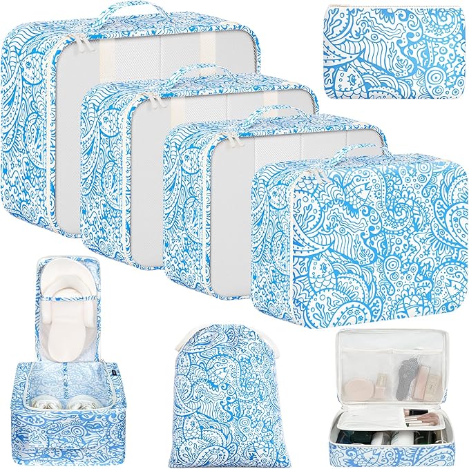 BAGAIL 8 Set Packing Cubes Luggage Packing Organizer Bags for Travel Accessories-Blue paisley