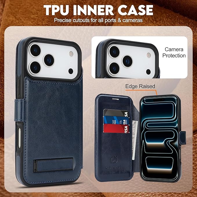 CIVICASE for iPhone 17 Pro Wallet Case with Stand,PU Leather Flip Credit Card Holder Slots (RFID Blocking),Compatible with Magsafe Magnetic Holder Phone Cover Women Men,Blue