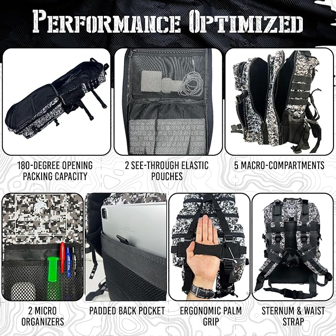 AMERICANPHOENIX 45L Elite Tactical Backpack | 3X Stronger Work & Military Backpack | Water Resistant and Heavy Duty | 3 Day MOLLE Bug Out Bag (Snow Leopard)