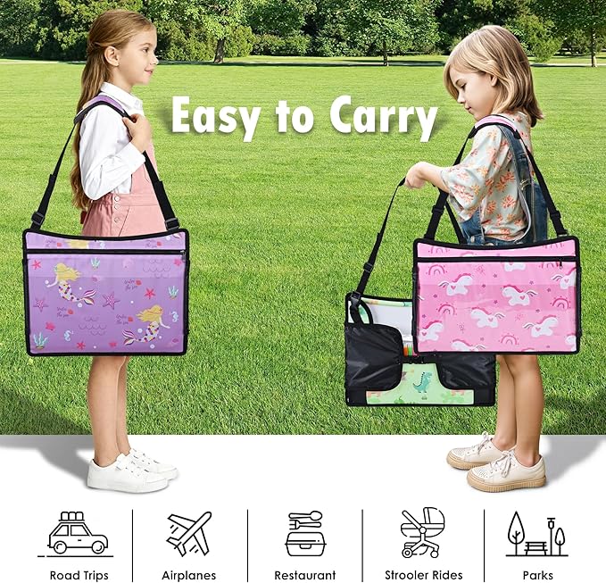 WENRENER 3PCS Kids Travel Tray for Airplane - Toddler Car Seat Table Tray, Road Trip Essentials for Boys & Girls, Carseat Lap Desk for Kids Road Trip Activities (Pink/Green-/Purple)