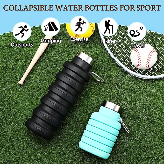 Baderke 2 Pcs Collapsible Water Bottles 17oz Silicone Travel Foldable Portable Water Bottle with Buckle Silicone Lightweight Reusable Leakproof for Camping Hiking Cycling Sport(Green, Black)