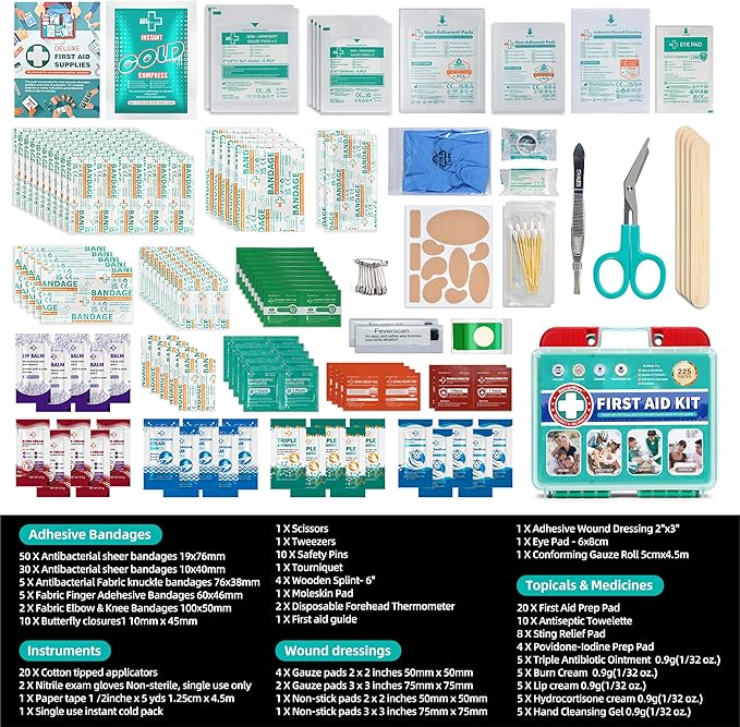 225 Pieces Portable First Aid Kit for Minor Wound Care, Includes Adhesive Bandages, Wound Gauze Pads, Ideal for Home, Car & On-The-Go
