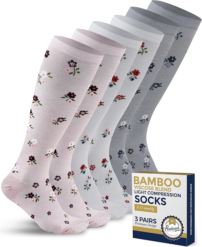 Pembrook Bamboo Viscose Light Compression Socks - 3 Pairs | 8-15 mmhg Compression Socks | Knee High Comfort Support Socks