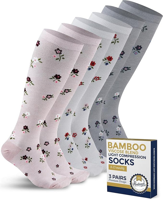 Pembrook Bamboo Viscose Light Compression Socks - 3 Pairs | 8-15 mmhg Compression Socks | Knee High Comfort Support Socks