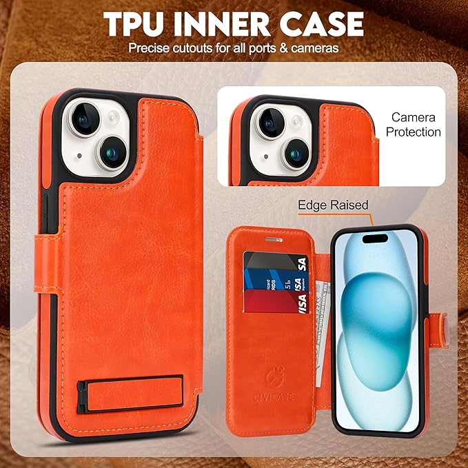 CIVICASE for iPhone 15 Wallet Case with Stand,PU Leather Flip Credit Card Holder Slots (RFID Blocking),Compatible with Magsafe Magnetic Holder Phone Cover Women Men, Orange