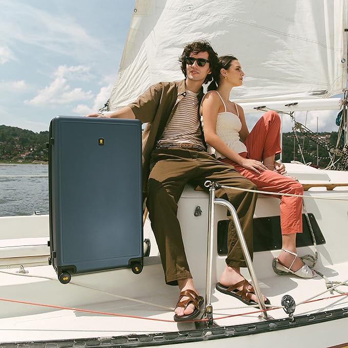 LEVEL8 Trunk Luggages, 28 Inch Luggage with Spinner Wheels, Luminous Textured Checked Large Hard Shell Lightweight with Tsa Lock, Navy