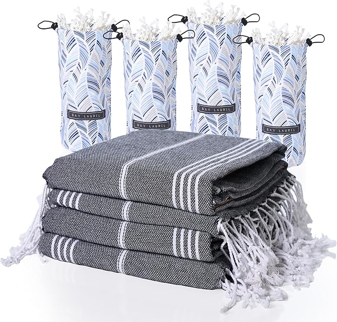 BAY LAUREL Turkish Beach Towel with Travel Bag 39 x 71 Quick Dry Sand Free Lightweight Large Oversized Towels Light - Pack of 4 (Pack of 4 - Black with Blue Floral Bag)