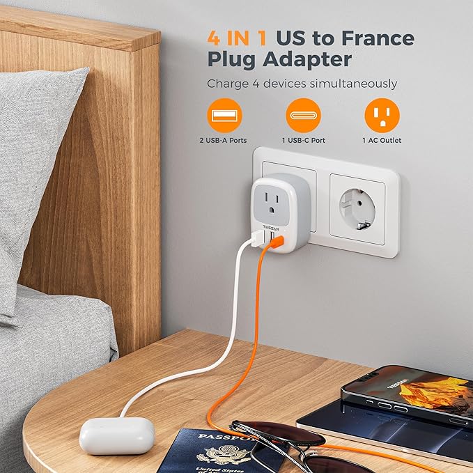 Type E F Plug Adapter USB C, TESSAN Germany France Power Adaptor, Schuko Outlet with 3 USB Ports, Travel Plug for US to Europe EU Spain Iceland Korea Greece Russia German French