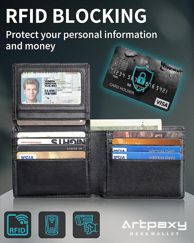 Mens Wallet With AirTag Holder, Bifold Leather RFID Blocking 1-2 ID Windows 12-13 Card Holders, Gift Box and Screen Protector Included, AirTag Not Included