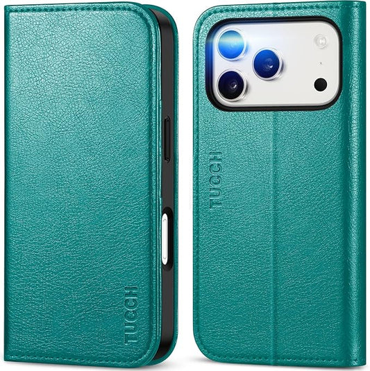 TUCCH Case Wallet for iPhone 17 Pro (6.3-Inch) 2025, 3 Card Slots | Kickstand | RFID Blocking | PU Leather | Protective Flip Folio Cover | TPU Shockproof Interior Shell | Cyan