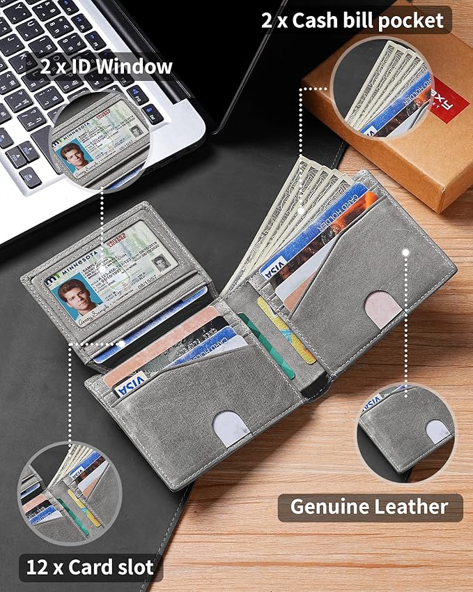 Artpaxy Mens Wallet Bifold Genuine Leather RFID Blocking Wallet for Men with 2 ID Windows 12 Card Holders 2 cash pockets 1 Gift Box