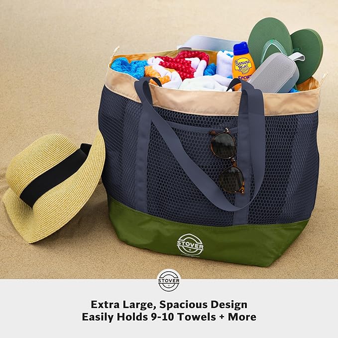STOVER Large Mesh Beach Bag, Vacation, Pool, Shopping, & Travel Tote - Foldable w/Storage Pockets for Women, Men & Families