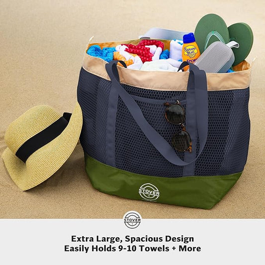 STOVER Large Mesh Beach Bag, Vacation, Pool, Shopping, & Travel Tote - Foldable w/Storage Pockets for Women, Men & Families
