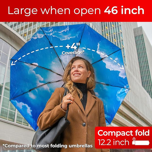 TUMELLA Flip-proof Inverted Travel Umbrella, Small Strong but Light Portable and Automatic Reverse Folding Rain Umbrella, Durable Premium Grip, Fits Car & Backpack