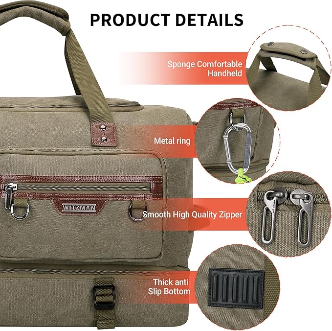 WITZMAN Canvas Weekender Bag Mens Overnight Bag for Traveling Carry on Duffle Bags with Shoes Compartment(A8010 Army Green)