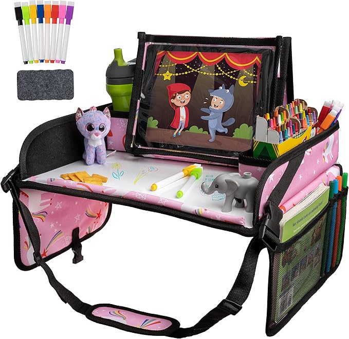 Lusso Gear Car Seat Travel Tray for Toddlers - Pink Unicorn, 600D Oxford Cloth - Dry Erase Activity Table & Tablet Holder - Airplane Tray Table Cover for Kids & Road Trip Essential