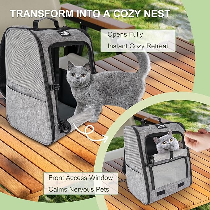 Pet Backpack Carrier for Small Dogs and Cats, Comfortable Portable Cat Bag for Travel Use with Ventilated Mesh, Safety Strap, and Easy-Clean Waterproof Fabric, Grey