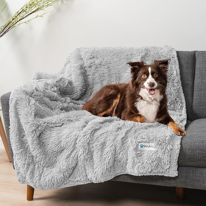 PetAmi Waterproof Dog Blanket for Large Dog, Calming Pet Blanket Bed Couch Cover Protector, Washable Sherpa Faux Fur Throw for Sofa Furniture Protection, Soft Fluffy 60x80 Light Gray