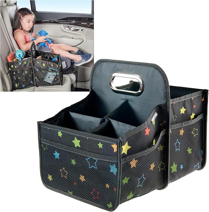 High Road Car Seat Caddy Organizer with Cup Holders - Middle Seat Car Organizer for Kids or Passenger Seat Organizer for Drivers - Portable Car Storage Bin with Easy Carry Handle (Starry Night)
