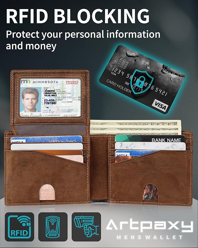 Mens Wallet With AirTag Holder, Bifold Leather RFID Blocking 1-2 ID Windows 12-13 Card Holders, Gift Box and Screen Protector Included, AirTag Not Included