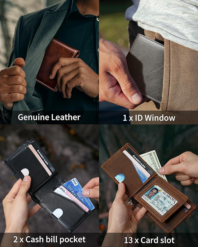 Artpaxy Mens Wallet Bifold Genuine Leather RFID Blocking Wallet for Men with 1 ID Windows 13 Card Holders 2 cash pockets 1 Gift Box