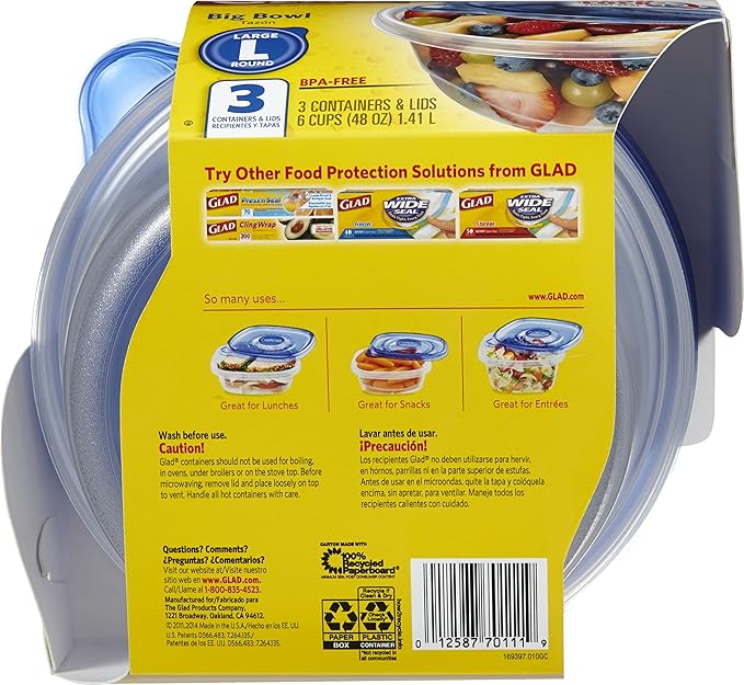 Glad Food Storage Containers - Big Bowl Container - 48 Ounce - 3 Containers