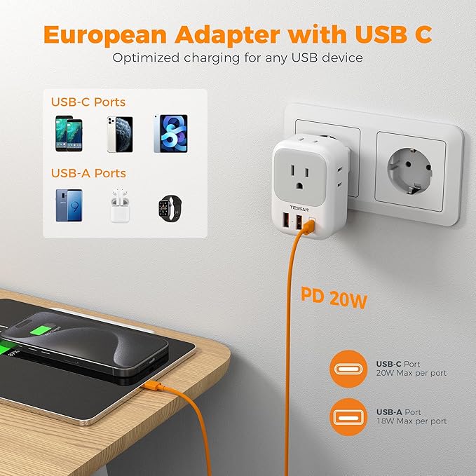 TESSAN European Travel Plug Adapter, Europe Adapter with 4 Outlets and 3 USB(1 USB C PD 20W), International Foldable Plug Type C Power Adaptor for EU Spain France Italy Germany Portugal Iceland