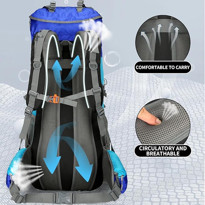 75L Hiking Backpack with Rain Cover Waterproof Camping Backpack Shoes Warehouse for Men Women, Frameless
