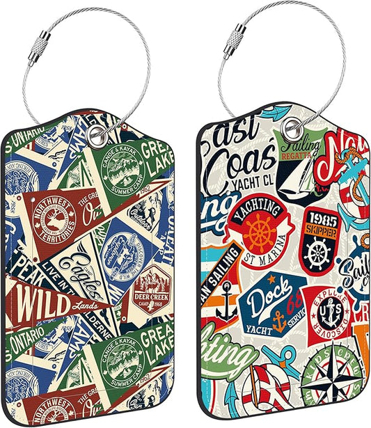 2 Pack Luggage Tag for Suitcase Nautical Patches Mountain Lake Camp Flag Leather Suitcase Tags with Privacy Name ID Label and Stainless Steel Loop for Travel Bag