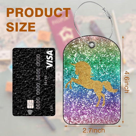 2 Pack Luggage Tag for Suitcase Sparkles Unicorn Leather Suitcase Tags with Privacy Name ID Label and Stainless Steel Loop for Travel Bag