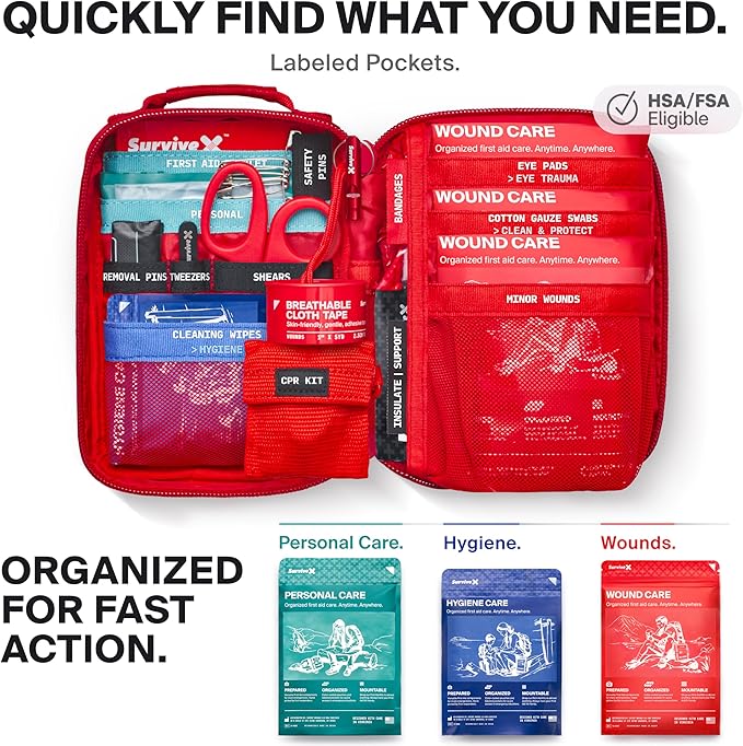 Small First Aid Kit for Car, Travel & Home - Emergency Kit for Hiking, Camping, Backpacking and Outdoors - Includes Zip Stitch Wound Closure Strips