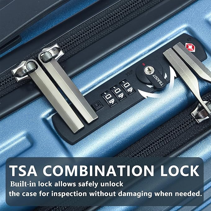 TydeCkare 20 Inch Carry On Luggage with Front Pocket, 21.65 * 15.35 * 7.87" Suitable for Airplane Overhead Bin, 34L PC+ABS Hardshell, Ice Blue