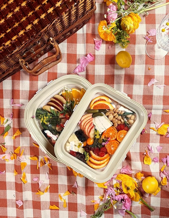 Crudités | Portable Snack Tray | Rectangle 4-Pack | Cream White | Reversible Stretch Lid Food Containers | BPA-Free, Freezer & Dishwasher Safe | Meal-Prep, Charcuterie, Salads, Picnic, Travel