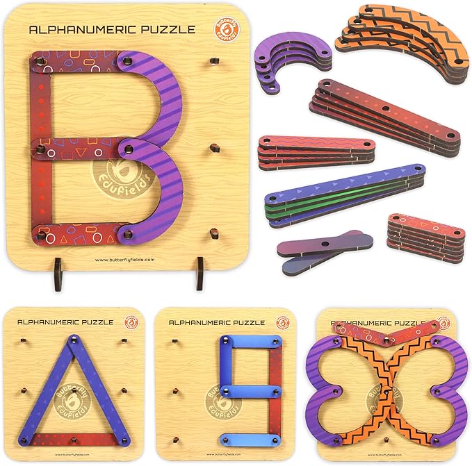 Butterfly EduFields Wooden Alphabet Puzzle Set for Kids | Montessori Educational Toy for Ages 3-5 | ABC Letters, Numbers & Shapes | Early Learning & Fine Motor Skill Development