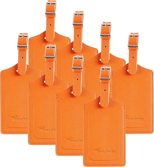 Travelambo 8 Pack Luggage Tags Faux Leather for Suitcases Travel Bag Labels Travel Accessories Essential with Protection Cover ID (Orange)